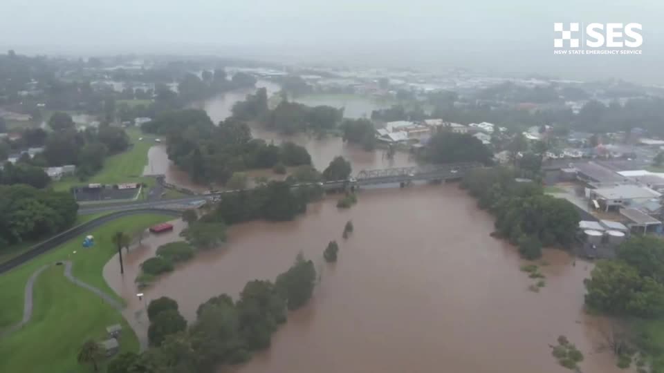 Drone view of flooding in Australia's Lismore as ex-Cyclone Alfred brings heavy rain