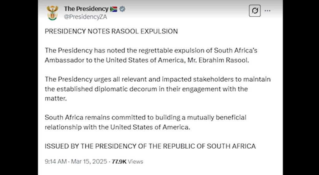 South Africa's presidency says US expulsion of its ambassador 'regrettable'