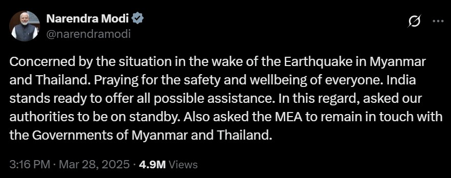 Narendra Modi's post on earthquake in Myanmar and Thailand