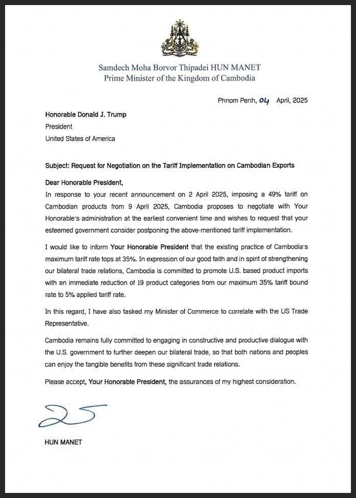 Cambodia PM's statement to Trump
