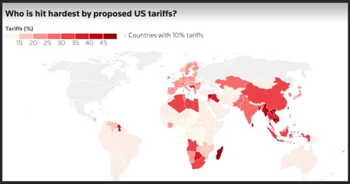 graphic of countries will be hit by US tariffs