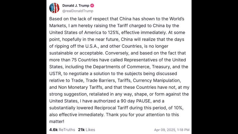 Trump posts announcement of 90-day tariff pause