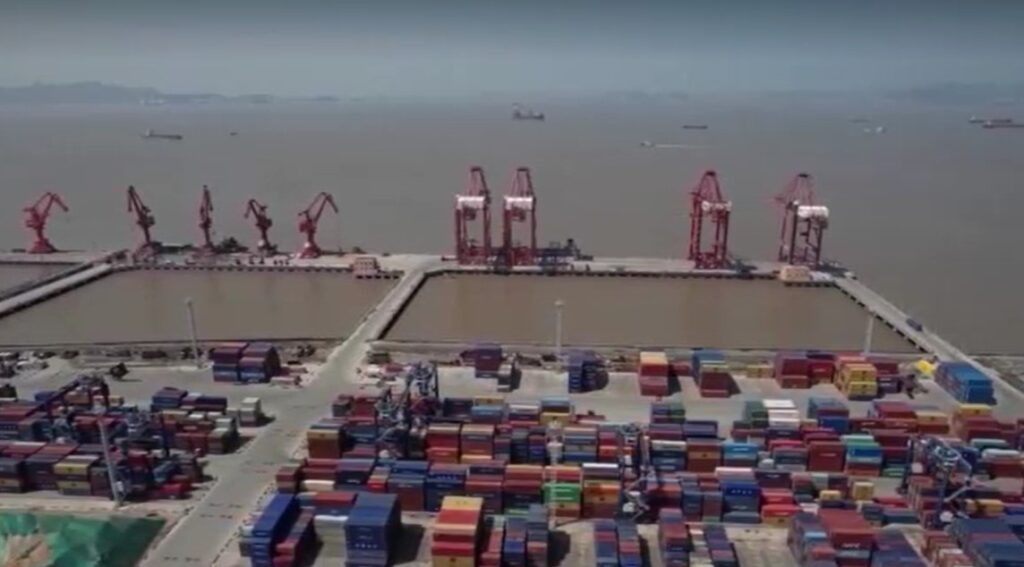 Aeriel shot of port and containers in Zhejiang, China