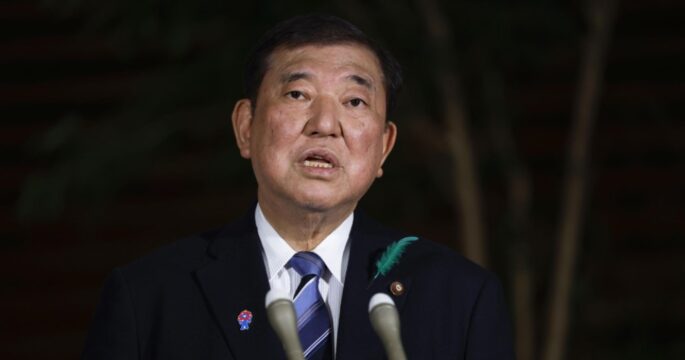 Japanese Prime Minister Shigeru Ishiba speaks to reporters on April 18, 2025