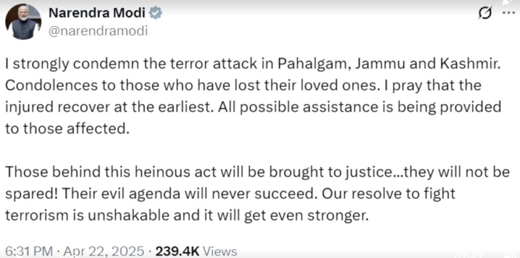 India's PM posts after militant attack in Kashmir