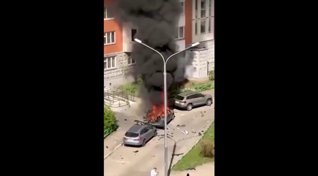 Car ablaze moments after blast kills senior Russian military officer near Moscow
