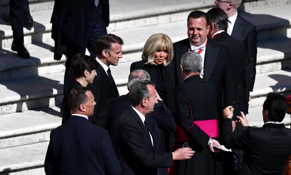 French President and wife at funeral mass of Pope Francis at Vatican