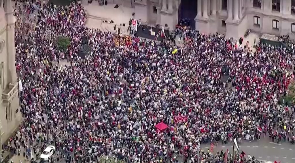 aerial view of May Day rally in Philadelphia, Pennsylvania