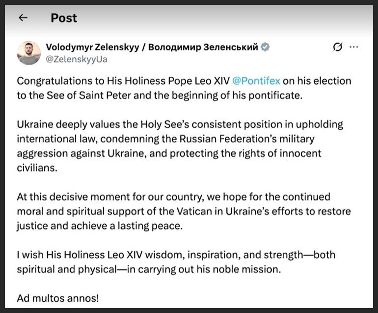 Ukraine's Volodymyr Zelenskyy posts on new Pope