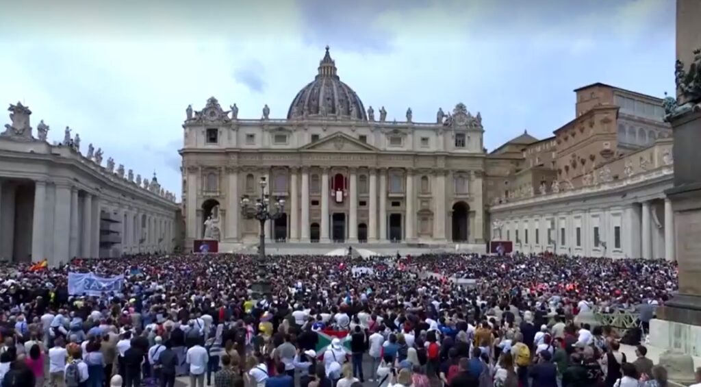 people attend Pope Leo XIV's first Sunday message