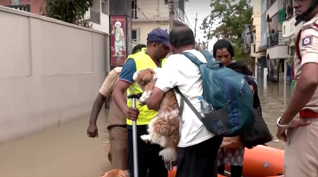 offices help people from waist high flood in India