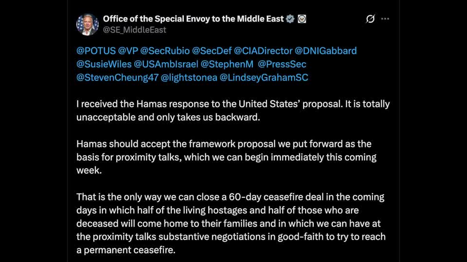Hamas seeks changes in U.S. Gaza proposal; Witkoff calls response 'unacceptable'