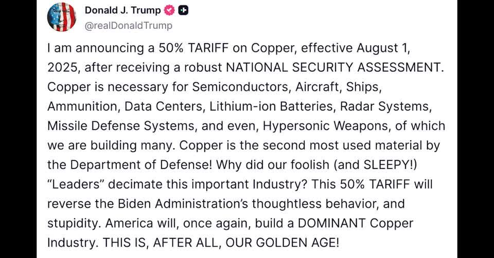 Trump announces 50% tariff on copper effective August 1