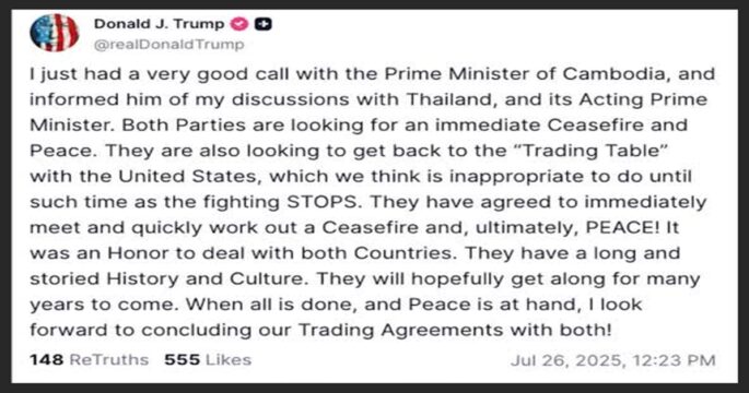 Trump says he is seeking a ceasefire between Thailand, Cambodia