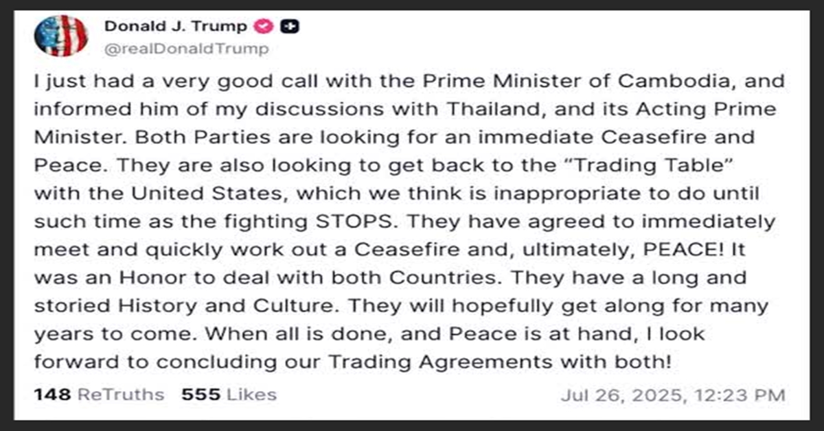 Trump says he is seeking a ceasefire between Thailand, Cambodia