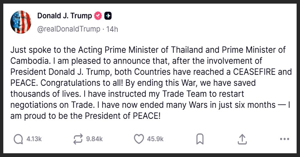 Trump's post on Thai-Cambodia agree on ceasefire