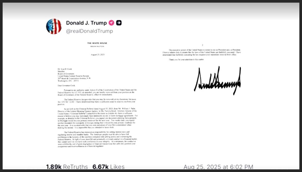 Trump posts letter on Lisa Cook's removal