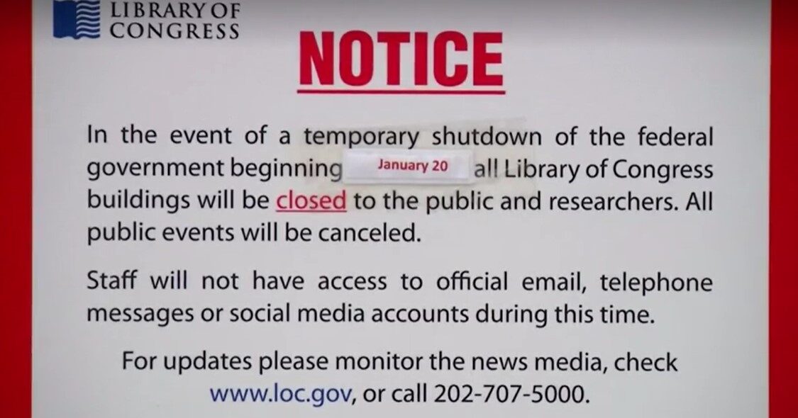 Closed sign outside of U.S. Library Congress during Jan. 2018 shutdown